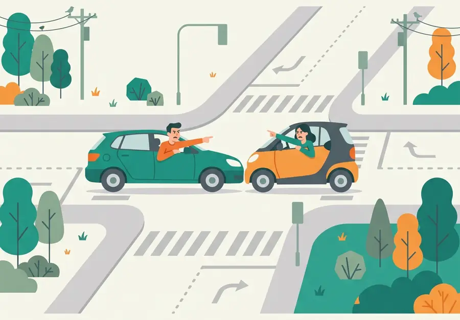Two drivers at a crossroads, each frustrated with the other